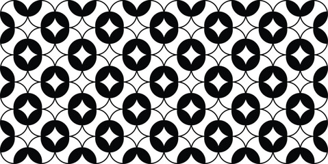 Monochrome Geometric Circles and Diamond Shapes Decorative Seamless Pattern.