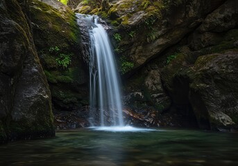 Fototapeta premium A delicate, narrow ribbon of rushing water cascades smoothly down a steep rock face into a clear pool, emphasizing the vertical movement of the natural stream ,cascade ,beautiful ,movement