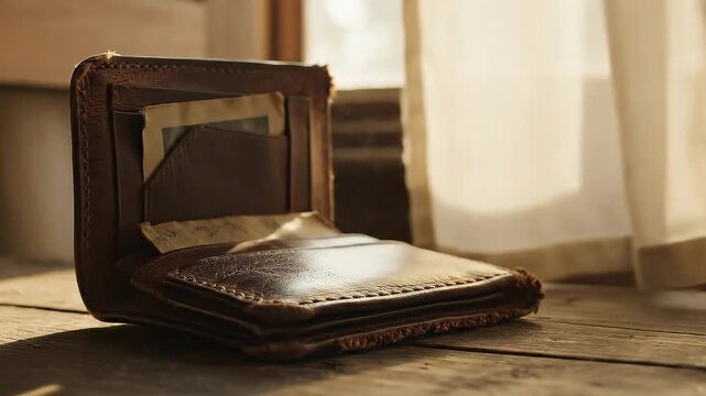 Old Leather Wallet Covered in Dust on Wooden Table by Window