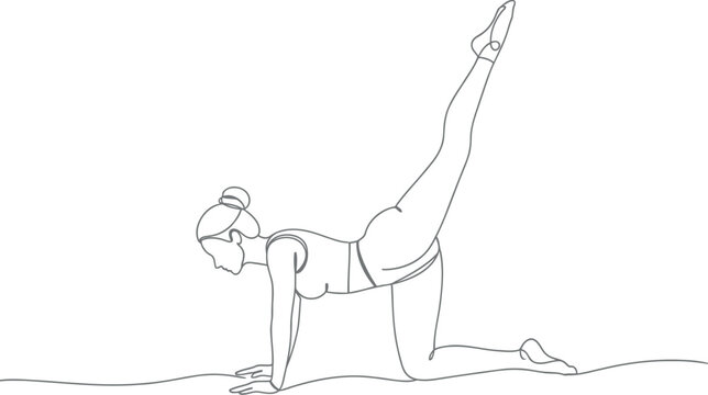 Line drawing of a woman in a yoga pose with one leg extended upwards
