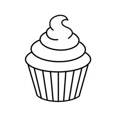 Simple line art illustration of a cupcake with layered frosting and a paper cup. Clean minimal style suitable for bakery branding, icons, menus, and decorative food designs.