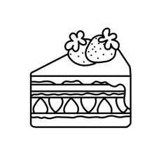 Outline illustration of a layered cake slice topped with two strawberries. Clean line art suitable for bakery branding, food clipart, and dessert labels.