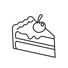 Line art drawing of a cake slice with icing and cherry topping. Perfect for menu illustrations, bakery icons, and food-themed graphic designs.
