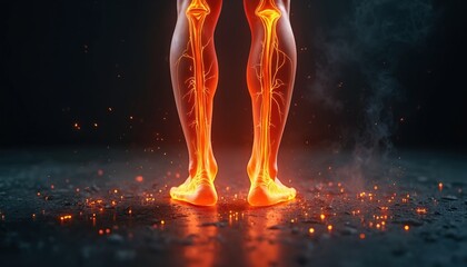 Glowing orange veins in human legs symbolize pain and circulation issues. This abstract medical background visualizes internal health problems like varicose veins and nerve damage.