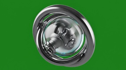 3d rendered abstract metallic sphere with intertwined rings on green background