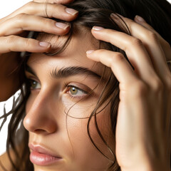 Obraz premium Close-up portrait of a young woman with wet hair touching her forehead isolated on white