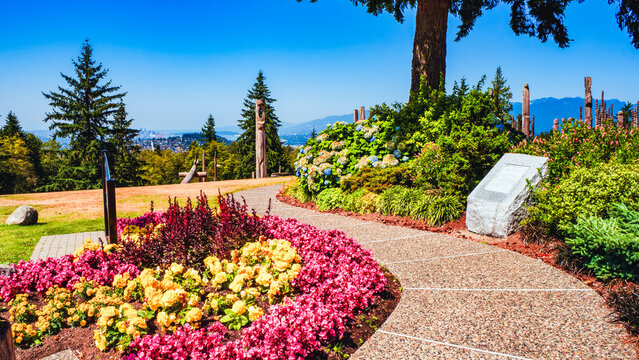 Garden at Kushiro  Park, Burnaby Mountain, BC on a sunny summer day.