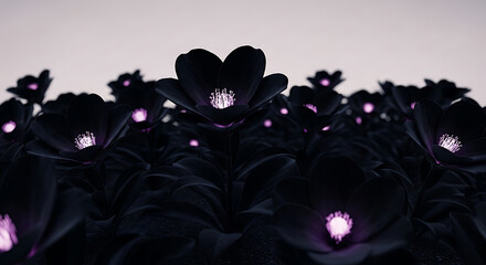 Mysterious black flowers blooming in a field with glowing centers adding depth and drama to the scene