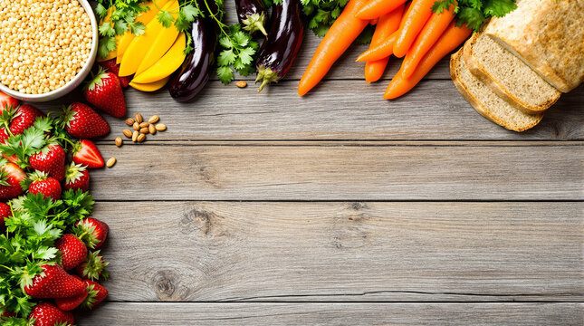 Fresh vibrant produce on rustic wood surface invites healthy eating and joyful cooking inspiration