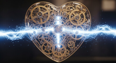 A golden heart shaped clockwork with blue electric energy flowing through