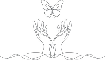 Delicate line art depicting open hands releasing a butterfly above a cross