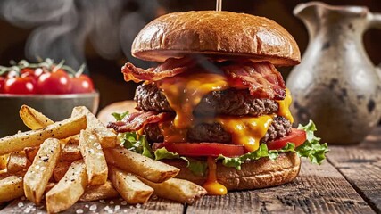 Steaming double bacon cheeseburger with melted cheese, fresh lettuce, and tomato, served alongside crispy french fries on a rustic wooden table animated 4k video