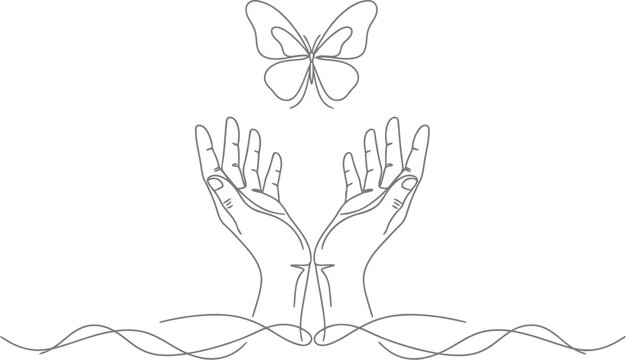 Delicate line art depicting open hands releasing a butterfly above a cross