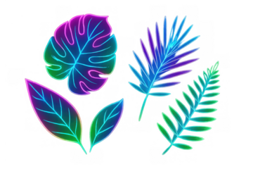 Neon tropical leaves glowing with vibrant gradient colors, creating a futuristic botanical background, transparent background