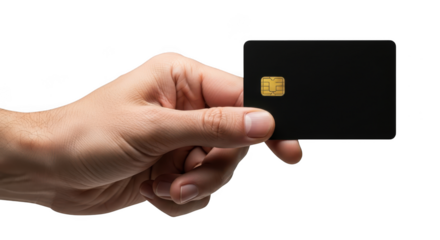 Hand holding a black credit card with a chip isolated on transparent background