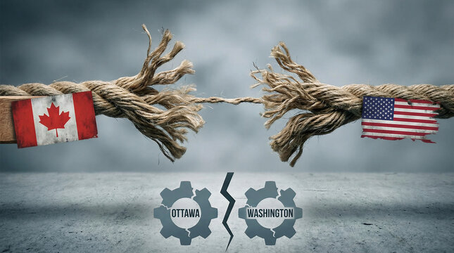 Canada US crisis concept as a Broken Rope stretched with force and stressed, to a decoupling metaphor for pressure on the political relationship between Ottawa and Washington