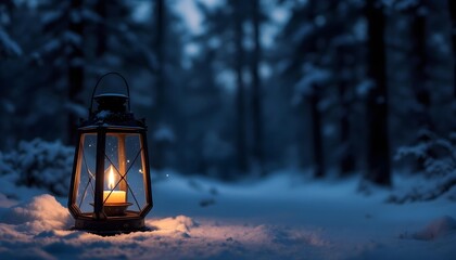 A gentle warm light from an old lantern brightens the cold snow and creates a magical christmas night filled with soft winter ambience