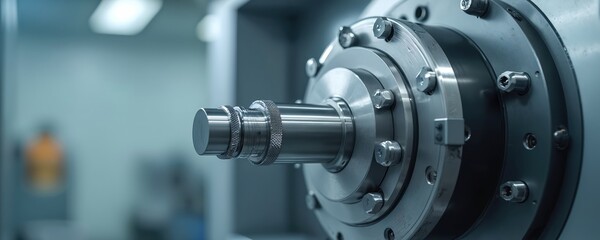 Fototapeta premium Close-up view of precision cnc lathe machine part. Industrial metalworking equipment in workshop. Smooth steel component with bolts and gears for precise manufacturing.