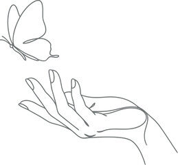 Fototapeta premium Delicate butterfly lands gently on an outstretched hand in minimalist sketch