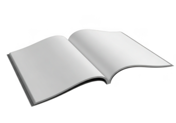 Open blank magazine pages isolated on transparent background for mockups