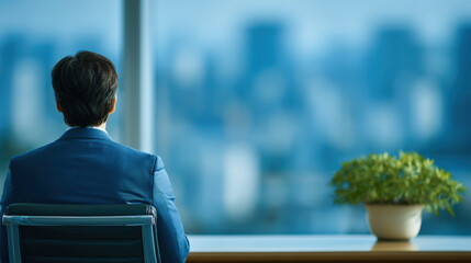 Businessman in suit looking out office window at city skyline, contemplative mood, modern workspace