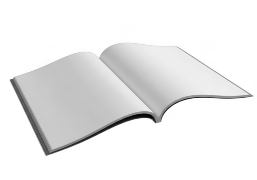 Open blank magazine pages isolated on transparent background for mockups