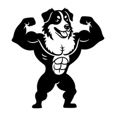 Obraz premium Happy border collie flexing muscles in cute strong gym mascot silhouette vector illustration