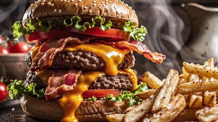 A mouthwatering double bacon cheeseburger with melted cheddar cheese, fresh lettuce, and tomato, served alongside crispy french fries with visible steam animated 4k video - Powered by Adobe