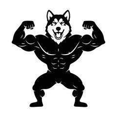 Happy husky dog flexing muscular arms powerful gym workout mascot silhouette vector artwork
