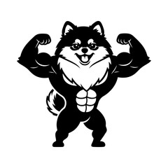 Pomeranian dog flexing strong muscular body cute gym workout mascot silhouette vector art