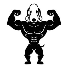 Muscular poodle dog flexing arms in strong athletic black silhouette vector bodybuilding design