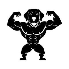 Powerful muscular retriever dog flexing arms in bold black silhouette vector gym bodybuilder pose