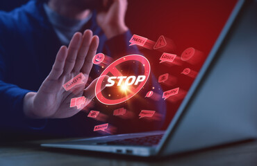 A person raises a hand to stop toxic online messages, highlighting cyberbullying prevention, digital safety, online protection, and awareness against harmful social media harassment.
