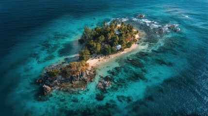 Aerial drone view of a pristine tropical island surrounded by clear turquoise waters, perfect for summer vacation and relaxation in nature's paradise