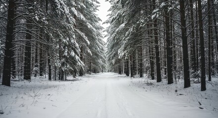 Snowy winter forest with serene mood and a quiet path leading through tall pine trees