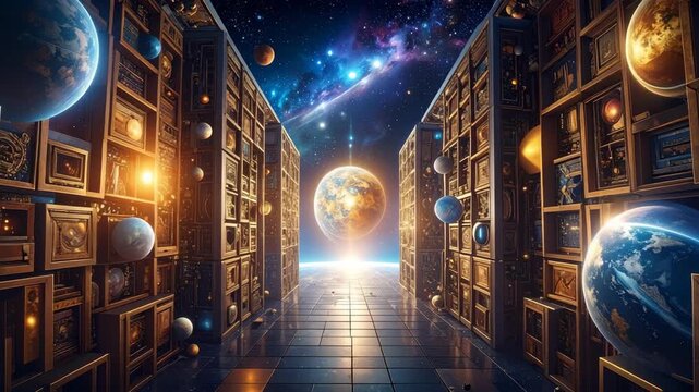 Hallway of framed planetary art leading to Earth and cosmic nebulae display of celestial spheres.