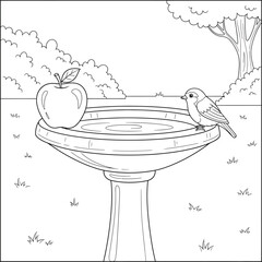 Peaceful Garden Bird Bath Scene with Apple and Bird – Calm Line Art Illustration for Coloring Pages and Nature-Themed Designs
