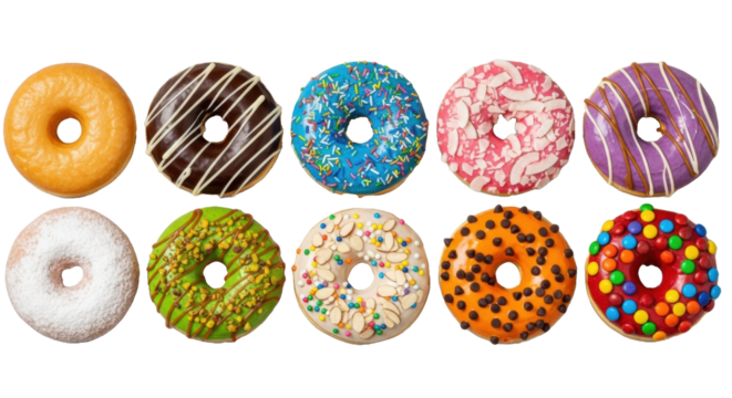 Twelve hyperrealistic, colorful gourmet donuts with unique toppings in a linear row on a seamless transparent background, slightly high angle commercial dessert photography concept