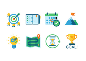 business planning and goal achievement flat icon set