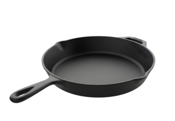 Classic cast iron skillet with handle on a black background