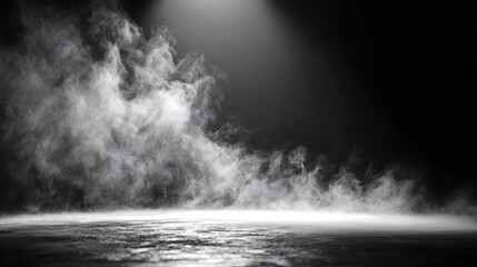 Dramatic spotlight illuminates billowing smoke on a dark empty stage floor.