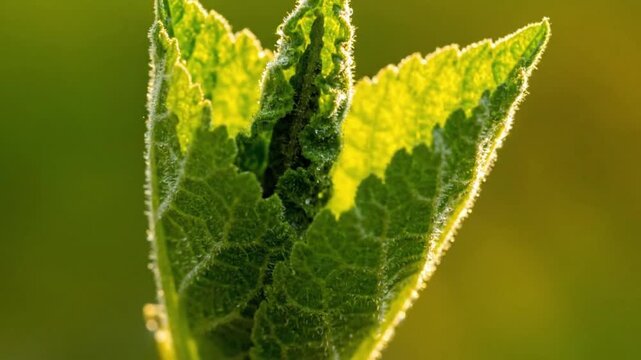 Macro shot of a vibrant green leaf bud unfurling in the warm spring sunlight, showcasing the delicate textures and fine hairs of new plant growth in a natural garden setting