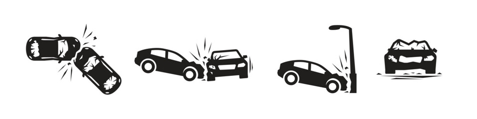 crashed cars vector car eccident icons set black on a white .