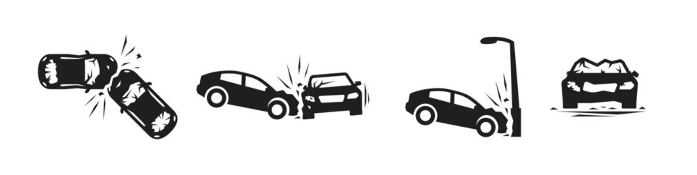 crashed cars vector car eccident icons set black on a white .