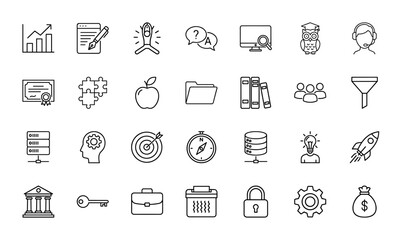 Fototapeta premium Business and education line icon set. Vector pictograms of growth, document, search, owl, certificate, team, funnel, server, idea, target, rocket, and finance, thin linear illustration.