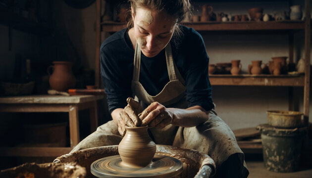 Woman Handcrafting Pottery in Studio - Powered by Adobe