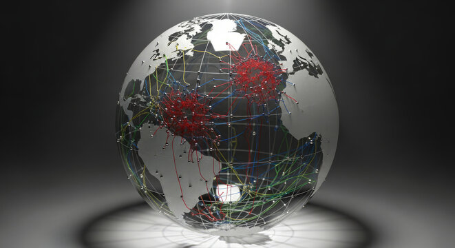 Transparent Globe with Circuit Board Design and Illuminated Details.