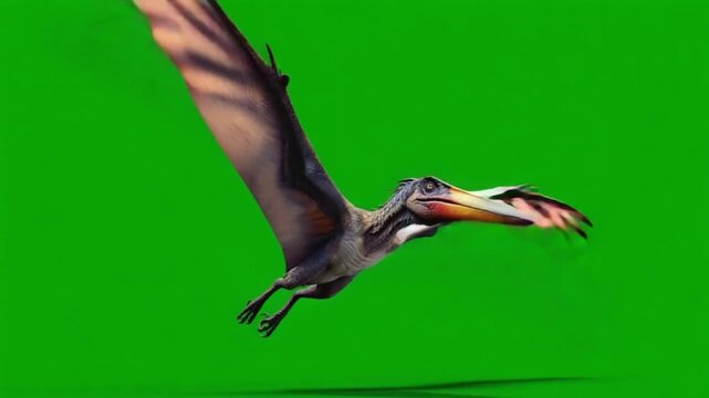 Pterodactyl soaring gracefully against a vibrant green screen backdrop in vivid detail dinosaur green screen video