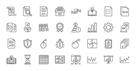 Business administration line icon set. Vector pictograms of documents, magnifying glass, folders, checklists, charts, workflow, gears, and shields, thin linear illustration.