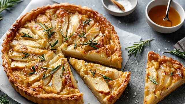 Sliced apple tart with honey drizzle and rosemary on rustic table setting